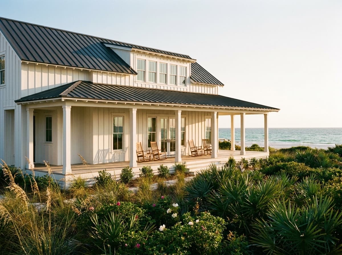 White luxury coastal beach house with wraparound porch on 30A at golden hour