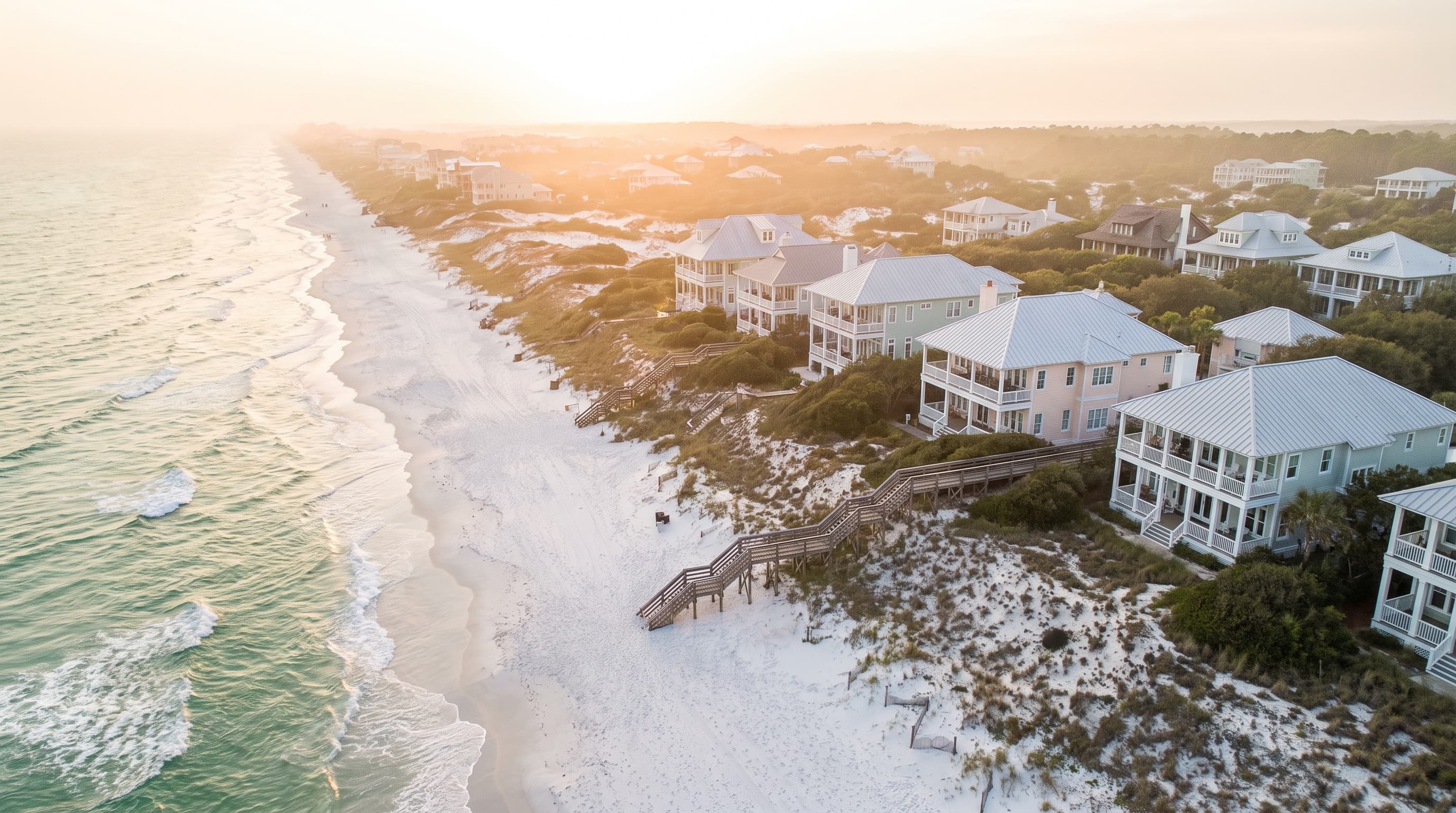 Aerial view of the 30A coastline at golden hour: white sand, emerald Gulf water, and pastel beach houses
