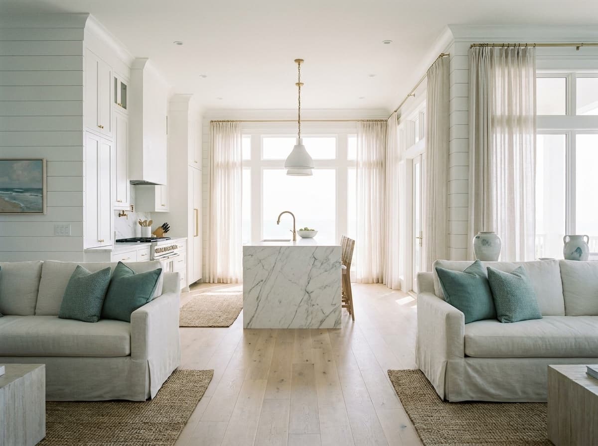 Bright renovated coastal kitchen with marble island and white oak floors
