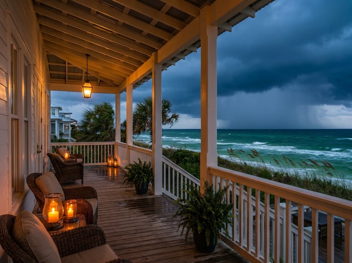 Storm clouds gathering over the emerald Gulf, seen from a lantern-lit beach house porch